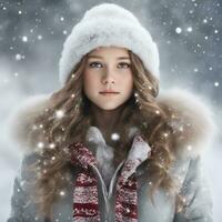 ai gerado uma encantador menina dentro a inverno estação com uma Natal atmosfera foto
