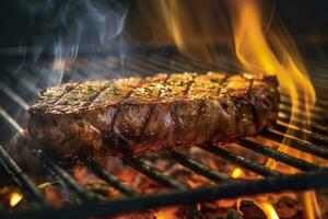 ai gerado carne grelhar em uma carvão grade com fumaça ascendente. ai gerado foto