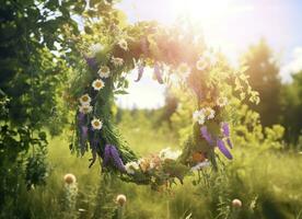 ai gerado rústico flores silvestres guirlanda em uma ensolarado Prado. verão solstício dia, solstício de verão conceito. generativo ai foto