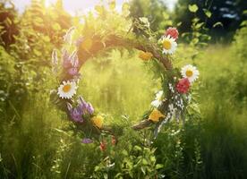 ai gerado rústico flores silvestres guirlanda em uma ensolarado Prado. verão solstício dia, solstício de verão conceito. generativo ai foto