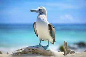 ai gerado a raro de pés azuis booby descansos em a de praia. ai gerado foto