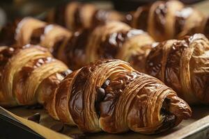 ai gerado chocolate croissants dentro padaria. ai gerado. foto