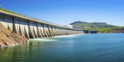 ai gerado hidroelétrica barragem gerando verde energia a partir de fluindo água. ai gerado. foto