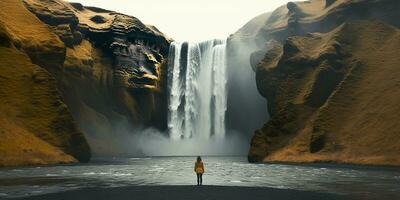 ai gerado mulher negligenciar cascata. generativo ai foto