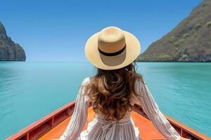 ai gerado jovem mulher viajante relaxante em a barco. verão viagem e período de férias conceito foto