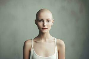ai gerado retrato do caucasiano Careca garota, alopecia e Câncer consciência foto