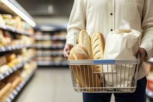 ai gerado homem segurando compras cesta com pão e leite mercearias dentro supermercado. ai gerado foto