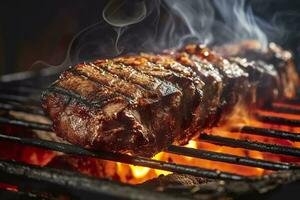 ai gerado carne grelhar em uma carvão grade com fumaça ascendente. ai gerado foto