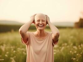 ai gerado retrato do caucasiano Careca mulher, alopecia e Câncer consciência foto