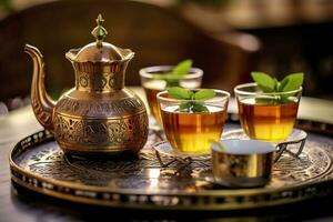 ai gerado tradicional marroquino chá conjunto com decorativo bules, copos, e hortelã folhas. generativo ai foto