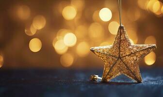 ai gerado espumante dourado Natal estrela. enfeite decoração desfocado bokeh fundo. ai gerado foto