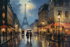 ai gerado aguarela pintura do Paris rua com pessoas caminhando debaixo guarda-chuvas, impressionismo pintura do uma Cidade dentro a noite, ai gerado foto