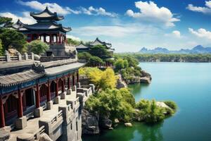 ai gerado lindo panorama do antigo chinês arquitetura em lago dentro Pequim, China, imperial verão Palácio dentro Pequim, China, ai gerado foto