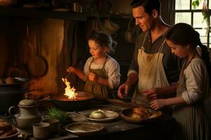 ai gerado fofa pequeno menina cozinhando com dela pais dentro uma rústico cozinha, uma família cozinhando juntos dentro uma rústico, país cozinha, ai gerado foto