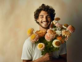 ai gerado feliz sorridente homem segurando uma ramalhete em uma bege fundo. alta resolução. ai generativo foto