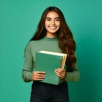 ai gerado sorridente escola aluna segurando livros didáticos em a verde fundo. Alto qualidade. ai generativo foto