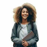 ai gerado universidade aluna feliz sorridente segurando computador portátil isolado em uma branco fundo. Alto qualidade. ai generativo foto