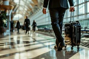 ai gerado homem de negocios arrastando mala de viagem bagagem saco dentro aeroporto, o negócio viagem conceito foto