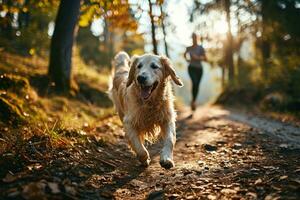 ai gerado uma pessoa corrida com seus cachorro Como uma Diversão caminho para exercício foto