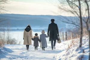 ai gerado família caminhando juntos dentro uma panorama coberto com Maravilhoso neve, ai generativo foto