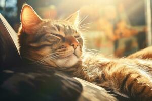 ai gerado retrato do uma preguiçoso gato deitado baixa dentro a ensolarado, cochilando e sonhando, ai generativo foto