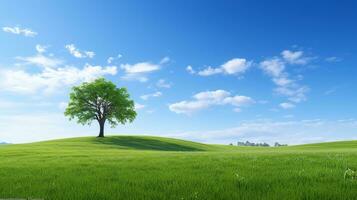 ai gerado verde planeta terra. verde campo, pacífico vida, azul céu, brilhante dia foto