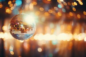 ai gerado brilhante discoteca bola em uma dourado bokeh fundo. gerado de artificial inteligência foto