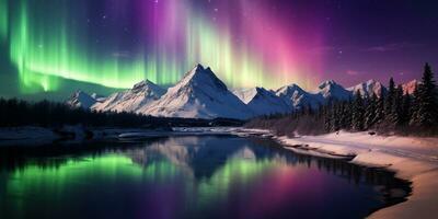 ai gerado generativo ai, verde e Rosa norte luzes acima Nevado montanhas, inverno paisagem, aurora e reflexão em a água superfície foto