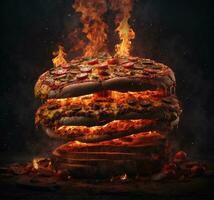 ai gerado pizza em fogo com chamas e fumaça em uma Preto fundo. foto