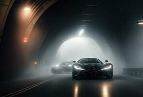 ai gerado luxo Esportes carro dirigindo em a estrada dentro túnel. nebuloso foto