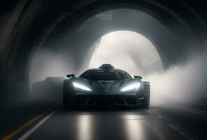 ai gerado luxo Esportes carro dirigindo em a estrada dentro túnel. nebuloso foto