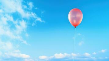 ai gerado vermelho balão flutuando dentro Claro azul céu com fofo branco nuvens, amarrado de fino corda. pode estar usava para aniversário festas, celebrações, eventos, ou Como uma fundo para convites foto