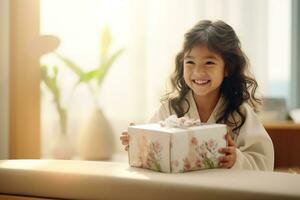 ai gerado fofa ásia pequeno menina segurando presente caixa dentro vivo quarto foto