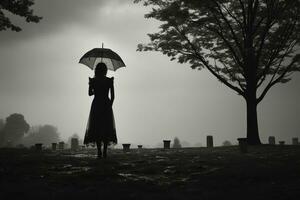 ai gerado lindo jovem mulher com guarda-chuva dentro a cemitério foto