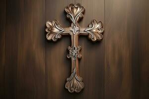 ai gerado de madeira cristão Cruz em uma de madeira plano de fundo.cristão religião conceito. foto