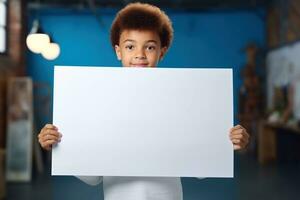 ai gerado pequeno Garoto segurando uma em branco branco Folha do papel foto