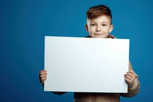 ai gerado pequeno Garoto segurando uma em branco branco Folha do papel foto