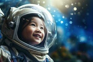 ai gerado retrato do pequeno ásia menina vestindo astronauta capacete dentro a espaço foto