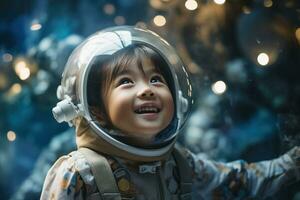 ai gerado retrato do pequeno ásia menina vestindo astronauta capacete dentro a espaço foto