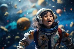 ai gerado retrato do pequeno ásia menina vestindo astronauta capacete dentro a espaço foto