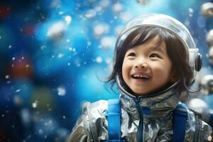 ai gerado retrato do pequeno ásia menina vestindo astronauta capacete dentro a espaço foto