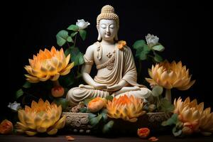 ai gerado Buda estátua com lótus flor foto