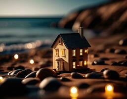 miniatura casa em a mar costa. viagem conceito. ai ilustração. foto