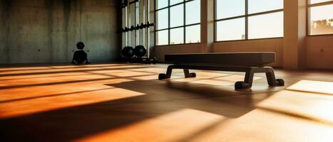 ai gerado ainda vida foto do interior moderno ginástica Centro Academia com uma exercite-se sala. esvaziar espaço para texto. ai gerado.