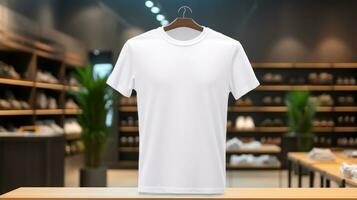 ai gerado camiseta com em branco frente, realista em uma brincar modelo dentro uma luxo loja, foto