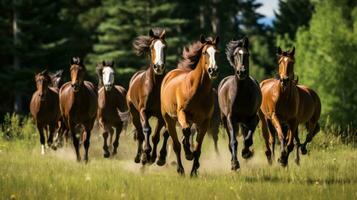ai gerado uma grupo do cavalos corrida através uma Prado, capturado dentro uma dinâmico açao tiro foto