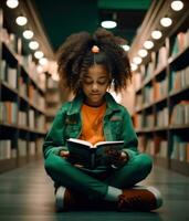 ai gerado pequeno menina sentado em livro lendo dentro a biblioteca lendo foto