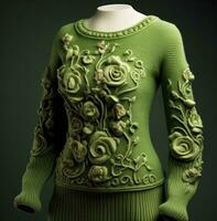 ai gerado a suéter parece gostar uma verde suéter com flores em isto, foto