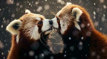 ai gerado vermelho panda casal se beijando dentro a chuva dentro a inverno, foto