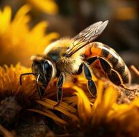 ai gerado uma abelha em uma Preto fundo com uma amarelo flor, foto